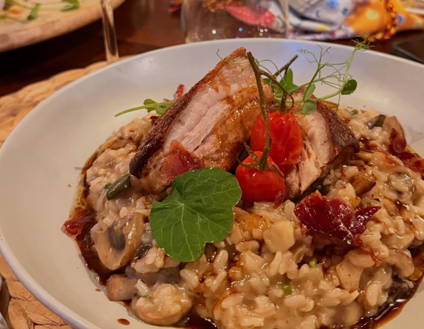 Barriga de porco ibérico sobre risoto de cogumelos, com tomate-cereja e rebentos